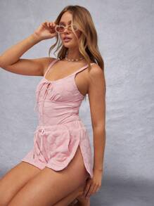 WESTFADE Summer Seashell Beach Knit Terry Cloth Mid Rise Elasticized Cute Drawstring Bow Tie Waist Snap Button Dolphin Hem Relaxed Shorts Spring Beach Vacation - Pink - View 1