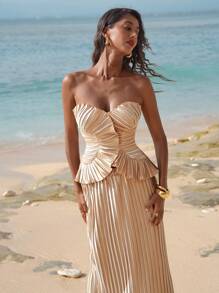 Opulessa 2pcs Women Solid Woven Bandeau Top & High Waist Mermaid Hem Skirt Set