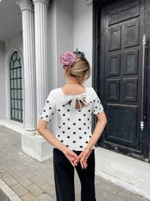 Pariaura Maglietta a maniche corte con schiena aperta, stile francese a pois, per donna, primavera/estate