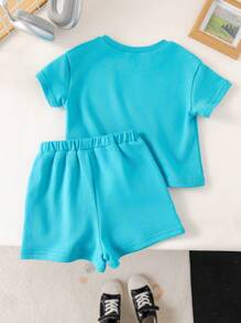 SHEIN 2pcs/Set Baby Boy Casual Solid Color Letter Print Short Sleeve T-Shirt And Elastic Waist Shorts Set, Summer