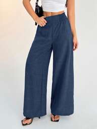 SHEIN PETITE Women's Casual Vacation Waistband Blue Wide Leg Pants