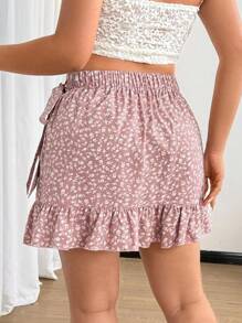 Ceyna Plus Size Ditsy Floral Ruffle Hem Fitted Wrap Mini Skirt, Romantic Holiday Style - Apricot - View 2