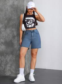 SHEIN Tall Y2K Mid Waist Casual Washed Women Denim Shorts - Dark Wash - View 5