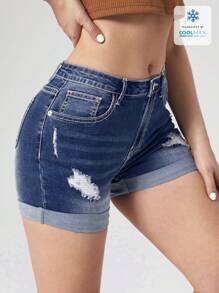 SHEIN Essnce Women's Ripped Denim Shorts, Minimalist Fashion, Suitable For Summer