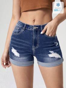 SHEIN Essnce Women's Ripped Denim Shorts, Minimalist Fashion, Suitable For Summer