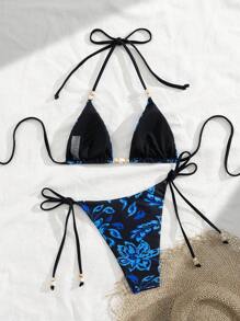 Swim Chiccia مجموعة رقمين للنساء من ملابس السباحة بطبعة زهور مكونة من حزام رفيع قابل للسحب مع خرز، ملابس للأجازات الاسترخائية الكاجوال الجذابة - متعدد الألوان - مشاهدة 2