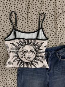 Attitoon Women's Casual Sexy Camisole Top, Sun & Moon Graphic Print, Color Block Spaghetti Straps, Suitable For Summer, Music Festivals - Multicolor - View 7