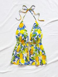 Soleia Top crop da donna senza maniche e senza schienale con stampa di frutti tropicali colorati della Sicilia, adatto per vacanze