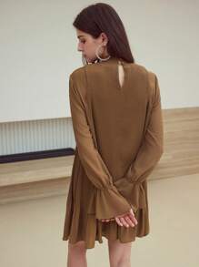 MOTF STUDIO 对比色蕾丝褶皱连衣裙 - 咖啡棕 - 查看 2