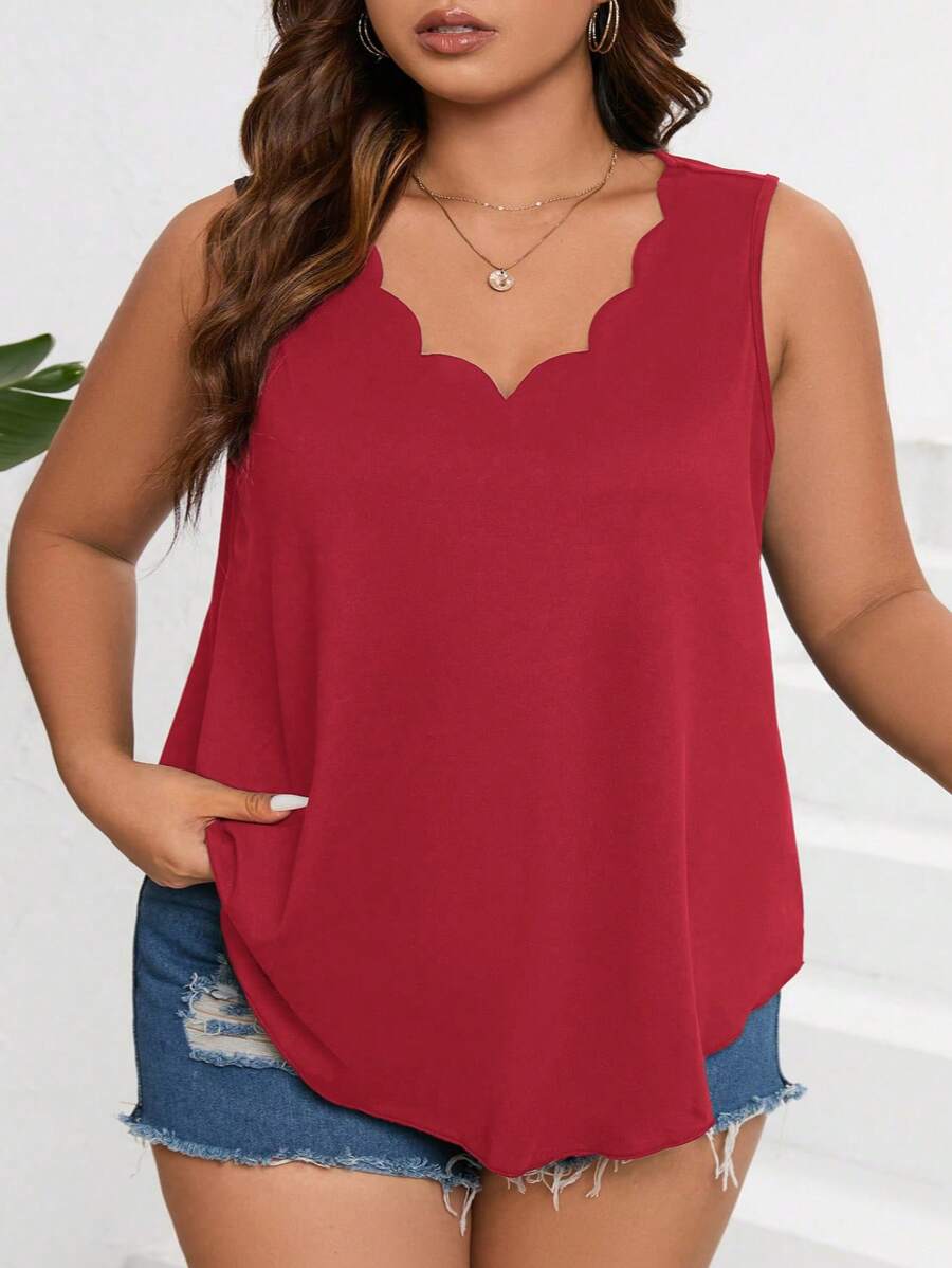 Calvaya Plus Size Women Solid Arched V-Neck Loose Casual Tank Top - Red - View 1