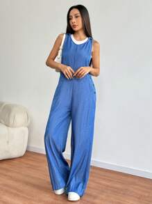 Chiquease Women's Solid Color Simple Daily Sleeveless Jumpsuit