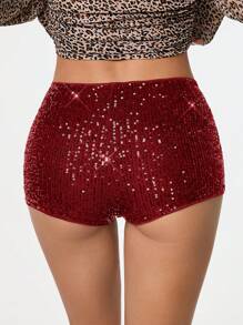 SHEIN PETITE Women Sequined Mini Shorts Summer, Country Concert, Sexy, Club, Streetwear - Burgundy - View 2