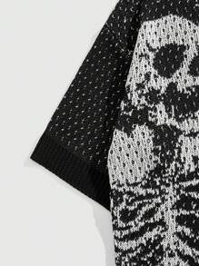 ROMWE MEN Men's Gothic Contrast Color Skull Pattern Lightweight Hollow-Out Knitted Sweater