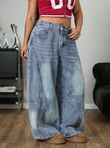 SHEIN ICON Plus Size Women Casual Distressed Loose Side Pocket Denim Jeans