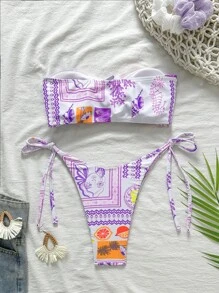 Swim Vcay Women Fully Allover Print Bandeau Bikini Set, Summer Beach Vacation - Multicolor - View 2