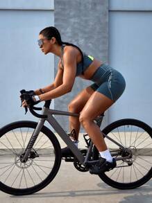 Powerista Women's Summer Racerback Tank Top And Shorts Sports Set With Contrast Color - Dark Green - View 4