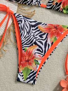 Soleia 2pcs Colorful Zebra Print Floral Pattern Contrast Color Bikini Set, Beach Vacation - Multicolor - View 3