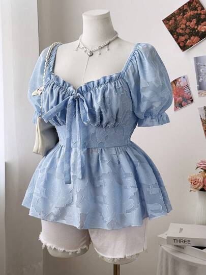 Sweetra Áo sơ mi tay bồng phong cách kỳ nghỉ thanh lịch kiểu Pháp dễ thương ngọt ngào chất liệu kết cấu công chúa nơ trang trí mới, áo bó eo