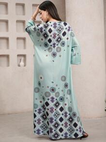 Al Najma Women's Modest Maxi Abaya Dress: Woven Fabric, Round Neck, Three Quarter Length Sleeves, Geometric Print, Green - Green - View 4