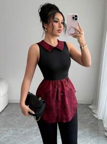 Elenzga 女士优雅撞色激光切割拼接无袖衬衫