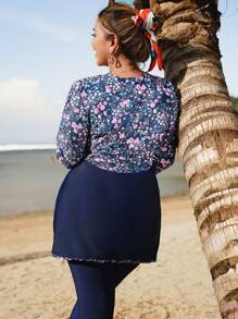 Swim Mulvari Set da bagno da donna taglie forti a 2 pezzi, navy blu con patchwork a fiori ditsy, camicia lunga con chiusura lampo davanti e pantaloni lunghi, burkini da spiaggia per vacanze