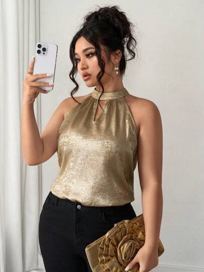 Elenzga Camisa halter elegante, versátil y con estilo artístico para mujer de talla grande, adecuada para el verano, la vuelta al colegio, graduación, vacaciones, San Valentín, festivales de música, Día de la Madre, Halloween, Acción de Gracias, Pascua, Día Nacional, bailes, citas, fiestas y actividades al aire libre