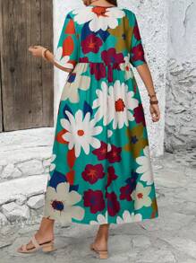 Vestido de manga corta con estampado floral para vacaciones, talla grande para mujer - Multicolor - Ver 3