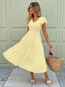 SHEIN LUNE Butter Yellow Romantic Spring Date Ruffled Flounced Hem Pink Mid-Length Dress For Women,Bohemia,Summer Dresses For Women