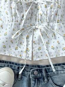 Teen Girl Summer White Ditsy Floral Bow Puff Sleeve Blouse, Versatile White Shirt, Sweet & Cute Summer Blouse