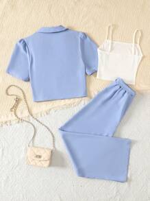 SHEIN TEENGIRL 3 PiecesSolid Color Commuter Elegant Suit Set, Macaroon Color Series, Minimalist College Style, Suitable For Weddings - Mint Green - View 2