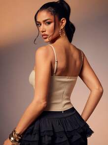 Denimoi Top de tirantes sólido con cuello cuadrado para el verano - Caqui - Ver 2