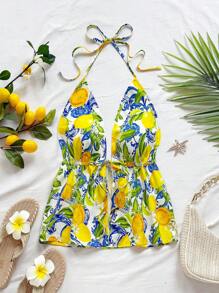 Soleia Top crop da donna senza maniche e senza schienale con stampa di frutti tropicali colorati della Sicilia, adatto per vacanze