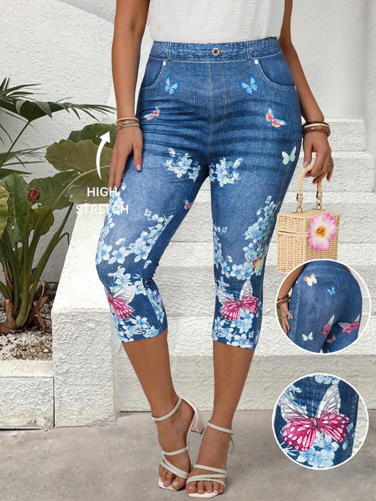Plus Size Women Floral Denim Effect Look Leggings, Summer