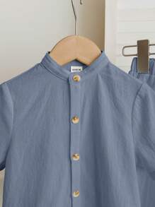 SHEIN Leap Crew 2pcs/Set Young Boys Loose Casual White Mandarin Collar Woven Plain Short Sleeve Shirt And Long Pants Suit, Suitable For Sports, Home, School, Outing, Vacation, Spring And Summer