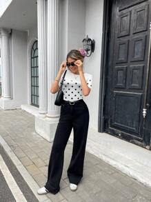 Pariaura Maglietta a maniche corte con schiena aperta, stile francese a pois, per donna, primavera/estate