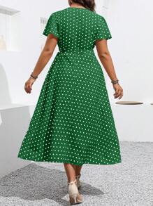 SHEIN Clasi 大码女式波尔卡圆点荷叶边斜襟短袖优雅连衣裙 - 綠色 - 查看 2