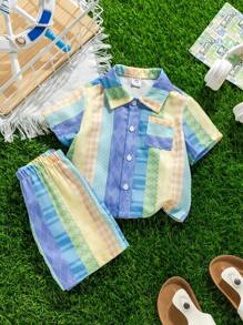 SHEIN 2pcs Baby Boy Cute Summer Casual Holiday Striped Short Sleeve Shirt And Elastic Waist Shorts Outfit Set - Multicolor - View 3