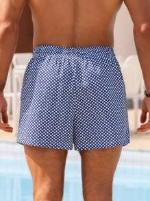 Zalmeno Men's Rhombus Print Pocket Drawstring Waist Beach Pants, Suitable For Summer, Hawaiian - Navy Blue - View 2