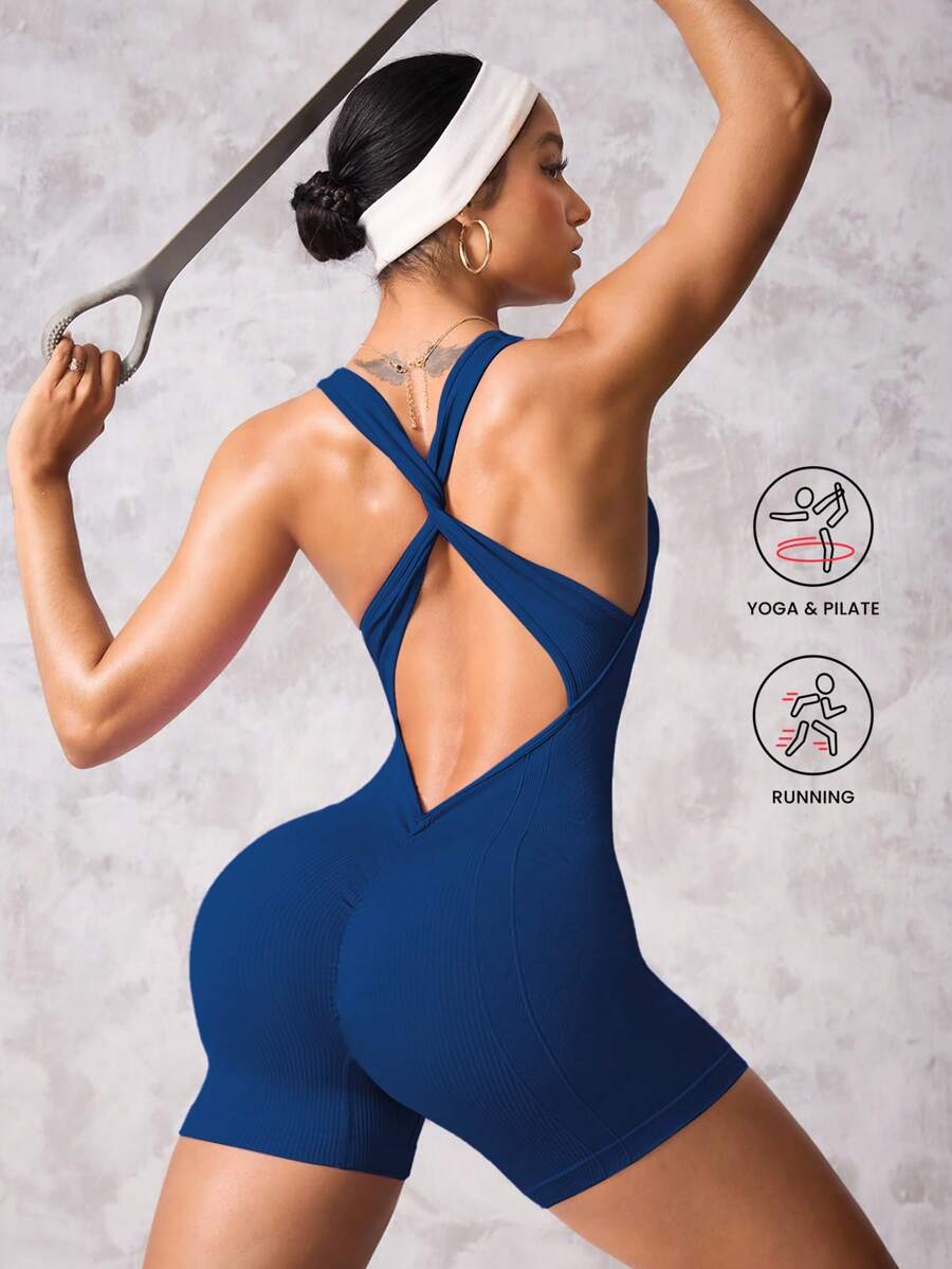 Solea Cove 1 件女式扭纹细节瑜伽/跑步紧身短裤 - 藏蓝色 - 查看 1