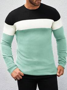 Manfinity Homme Áo len dệt kim cổ tròn tay dài màu sắc đơn giản cho nam mùa thu/đông - Màu xanh nhạt - Xem 4
