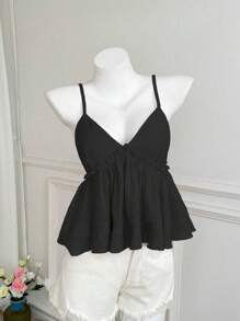 Elamini Áo hai dây trơn màu cho nữ, tối giản và thời trang, phù hợp cho mùa hè, áo babydoll - màu đen - Xem 5