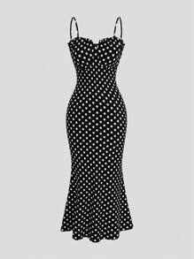 Sweetra 大码夏季优雅波尔卡圆点印花美人鱼下摆吊带连衣裙 - 藍色 - 查看 1