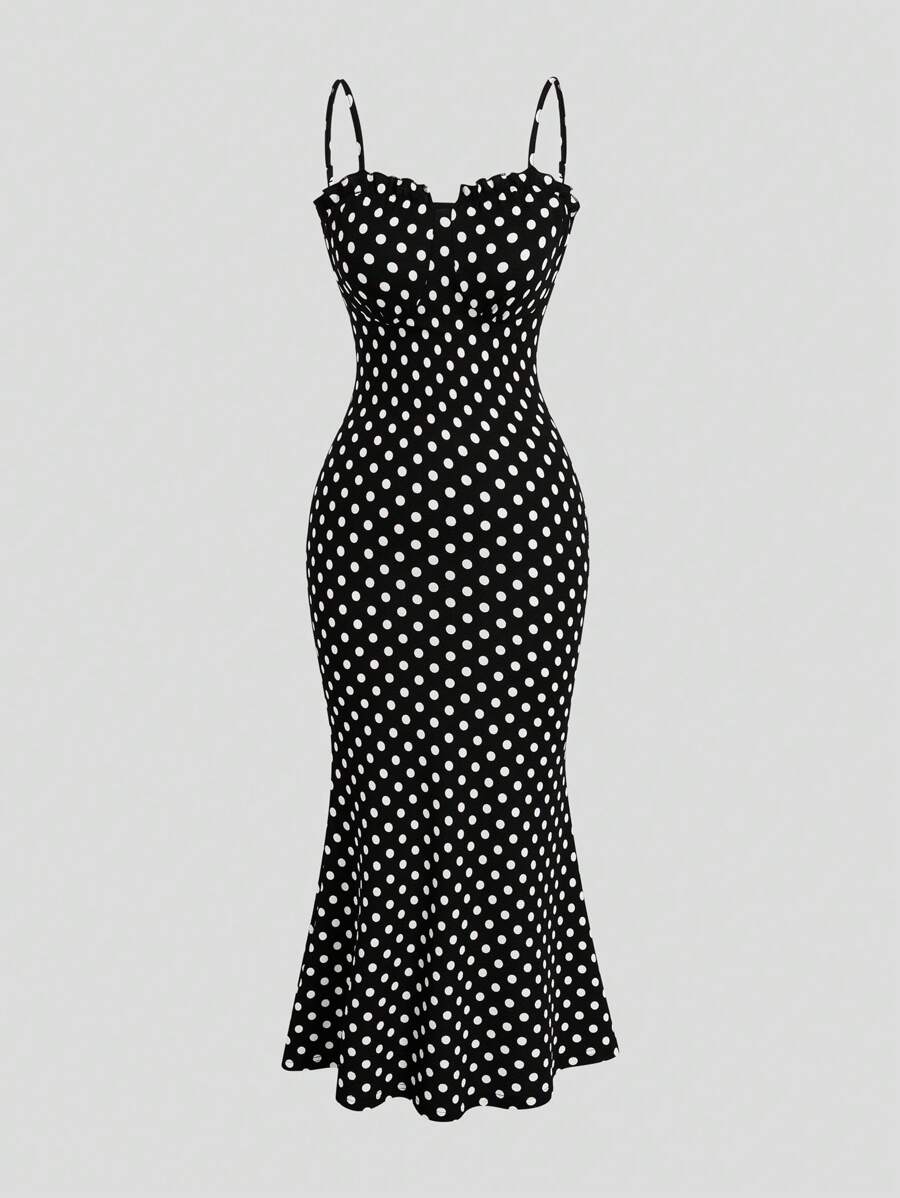 Sweetra 大码夏季优雅波尔卡圆点印花美人鱼下摆吊带连衣裙 - 藍色 - 查看 1