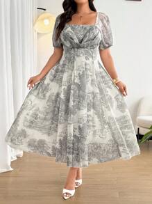 SHEIN Clasi Plus Size V-Neck Cinched Waist A-Line Vacation Dress - Multicolor - View 1