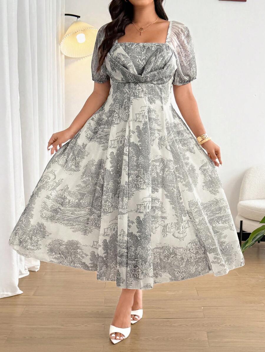 SHEIN Clasi Plus Size V-Neck Cinched Waist A-Line Vacation Dress - Multicolor - View 1