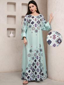 Al Najma Women's Modest Maxi Abaya Dress: Woven Fabric, Round Neck, Three Quarter Length Sleeves, Geometric Print, Green - Green - View 6