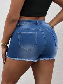 SHEIN SXY Casual Fashionable Versatile Washed Ripped Elastic Denim Shorts - Medium Wash - View 2