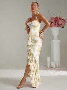 Lumalex 女式水彩玫瑰扎染印花荷叶边下摆不对称修身无袖金属装饰连衣裙 - 黃色 - 查看 5