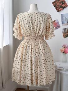 Flirla Plus Size Women Summer Elegant Ditsy Floral Tie Waist Puff Sleeve Dress