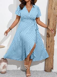 SHEIN Clasi Plus Size Polka Dot V-Neck Ruffle Sleeve Side Tied Summer Dress - Blue - View 6